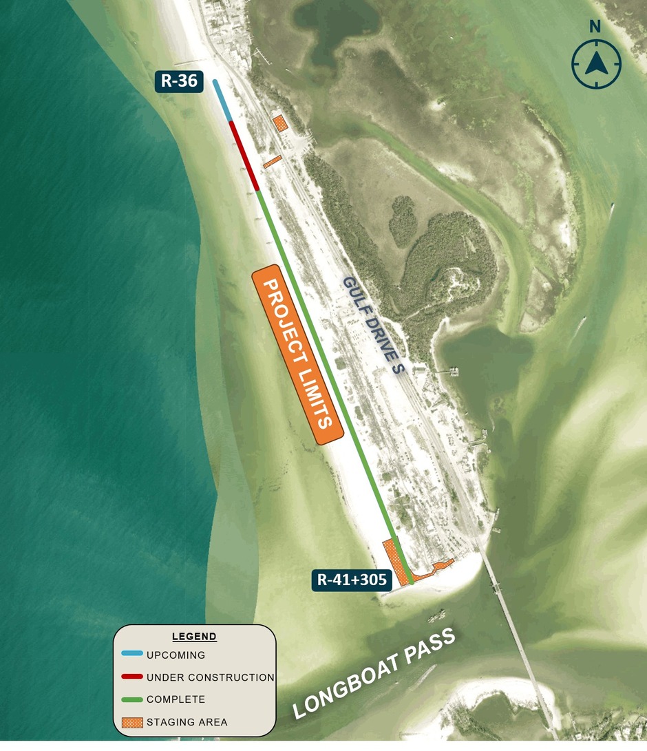 Project progress map as of September 15, 2026. The fill area runs along Coquina Beach from FDEP reference monument R-36 in the north, south past Gulf Drive S to R-41+305 at Longboat Pass. Sand placement is now complete along almost the whole project, from Longboat Pass north. A short segment near the north end is under construction, and only a small stretch just below R-36 remains upcoming. Staging areas are marked near the north end and at the south end adjacent to Longboat Pass.